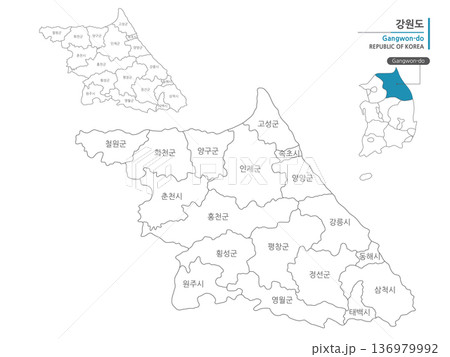 A map of Gangwon-do, Korea, which marks administrative districts with black lines on a white background A map of Gangwon-do, Korea, which marks administrative districts with black lines on a white background 136979992