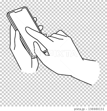 Line drawing illustration of a hand operating a smartphone Line drawing illustration of a hand operating a smartphone 136980131