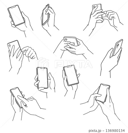 スマホを持つ手の線画イラスト　10パターン 136980134