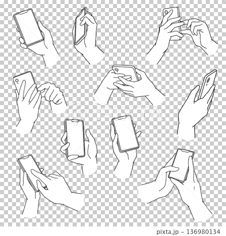 スマホを持つ手の線画イラスト　10パターン 136980134
