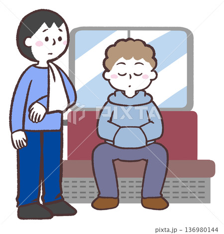 車内で座れなくて困る怪我をした男性のイラスト 136980144