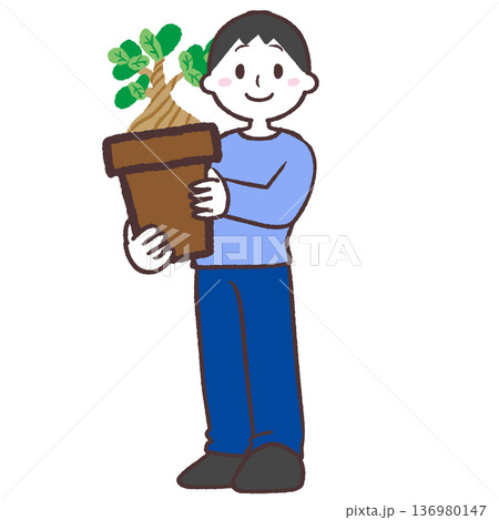 鉢植えを担ぐ男性のイラスト 136980147