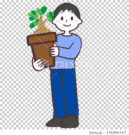 鉢植えを担ぐ男性のイラスト 136980147