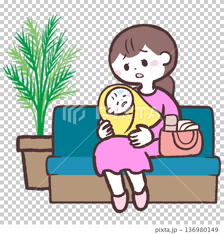 Illustration of a woman holding a sick baby sitting in a lobby Illustration of a woman holding a sick baby sitting in a lobby 136980149