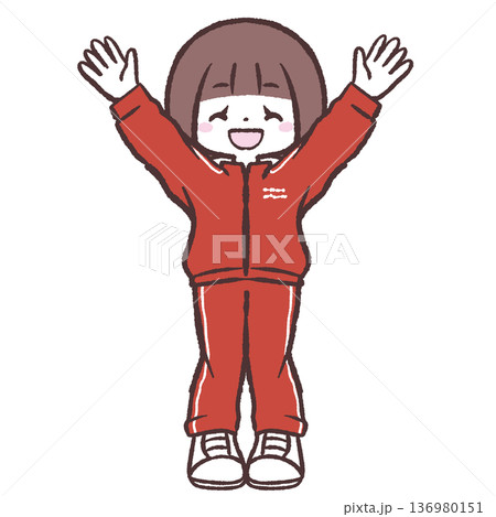 万歳する赤ジャージの女の子のイラスト 136980151