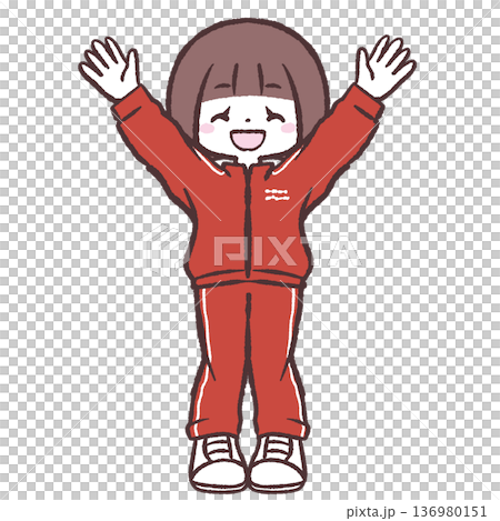 万歳する赤ジャージの女の子のイラスト 136980151