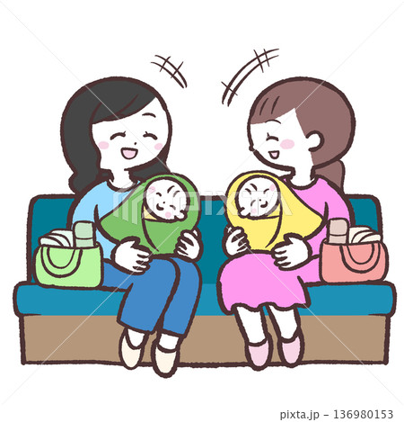 ソファーに座って笑い合う赤ちゃんを抱いたお母さんたちのイラスト 136980153