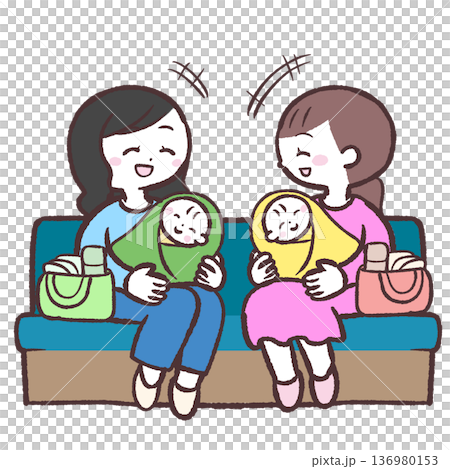 ソファーに座って笑い合う赤ちゃんを抱いたお母さんたちのイラスト 136980153