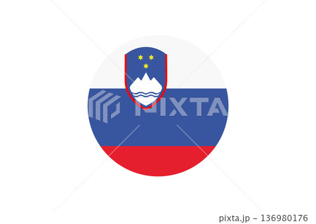 Slovenia Flag Round Icon With Coat Of Arms, Triglav Mountains And Stars Symbol Slovenia Flag Round Icon With Coat Of Arms, Triglav Mountains And Stars Symbol 136980176