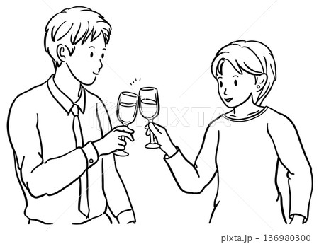 ワインで乾杯する男女のイラスト　線画 136980300