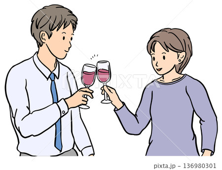 ワインで乾杯する男女のイラスト 136980301