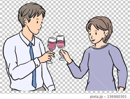 ワインで乾杯する男女のイラスト 136980301