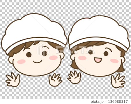 Two children wearing school lunch uniforms Two children wearing school lunch uniforms 136980317