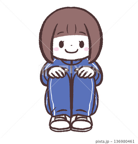 笑顔で体育座りする青ジャージの女の子のイラスト 136980461