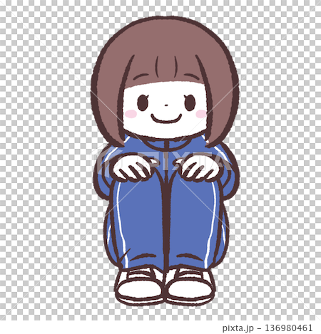 笑顔で体育座りする青ジャージの女の子のイラスト 136980461