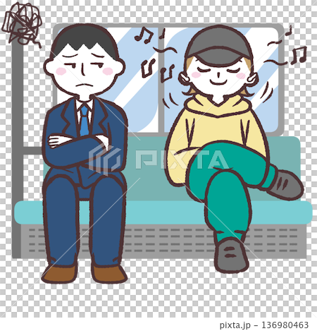 Illustration of a man annoyed by someone leaking noise in a car Illustration of a man annoyed by someone leaking noise in a car 136980463