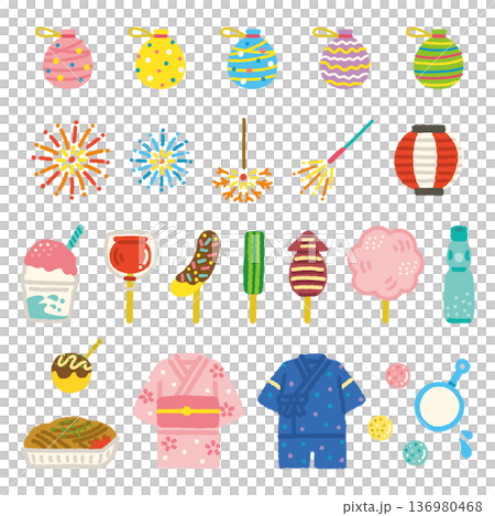 夏祭り イラスト セット 縁日 屋台 子ども 手描き シンプル フラット素材 136980468