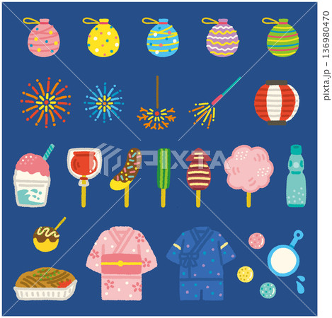 縁日 屋台 イラストセット 夏祭り 手描き シンプル フラット素材 縁日 屋台 イラストセット 夏祭り 手描き シンプル フラット素材 136980470