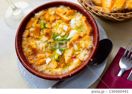 Traditional summer dish from Extremadura, cojondongo, on table Traditional summer dish from Extremadura, cojondongo, on table 136980491