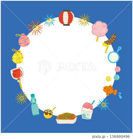夏祭り 手描きイラスト 丸フレーム 縁日 屋台 シンプル素材 136980496