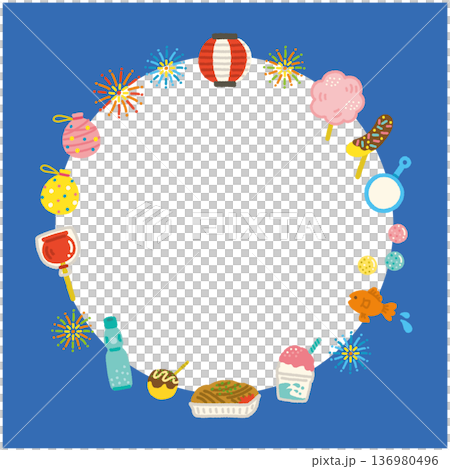 夏祭り 手描きイラスト 丸フレーム 縁日 屋台 シンプル素材 136980496