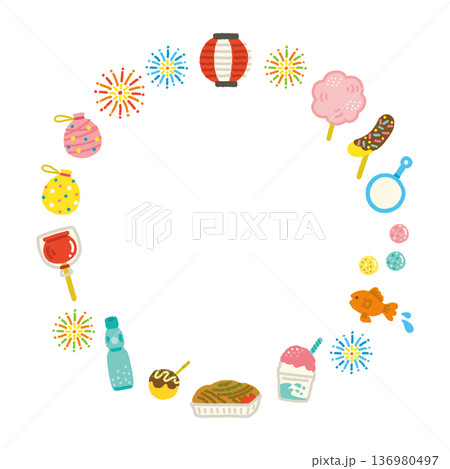 縁日 屋台 フレーム 丸 夏祭り 手描き シンプル フラット素材 縁日 屋台 フレーム 丸 夏祭り 手描き シンプル フラット素材 136980497