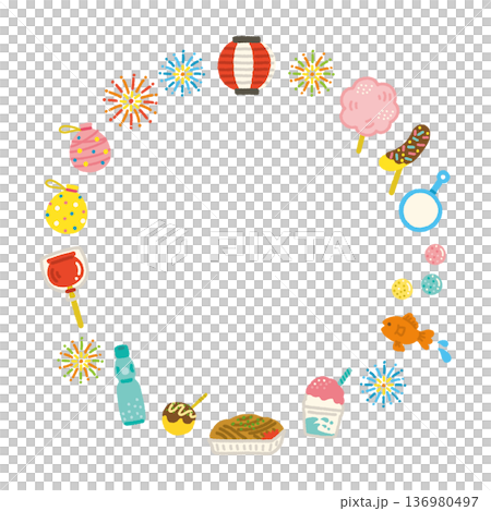 縁日 屋台 フレーム 丸 夏祭り 手描き シンプル フラット素材 縁日 屋台 フレーム 丸 夏祭り 手描き シンプル フラット素材 136980497
