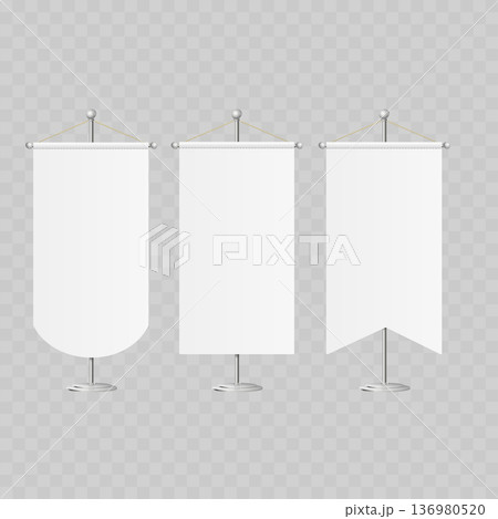 Realistic White Textile Banner Mockup Set. Vector Hanging Wall Flag, Scroll or Pennant Templates. 136980520