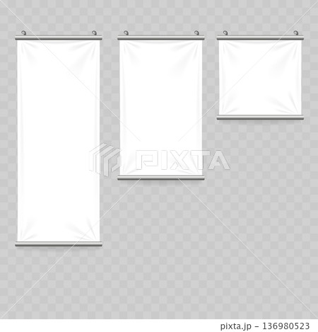 Realistic White Textile Banner Mockup Set. Vector Hanging Wall Flag, Scroll or Pennant Templates. Realistic White Textile Banner Mockup Set. Vector Hanging Wall Flag, Scroll or Pennant Templates. 136980523