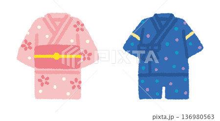 浴衣 甚平 セット イラスト 夏祭り 子ども 和装 手描き シンプル 136980563