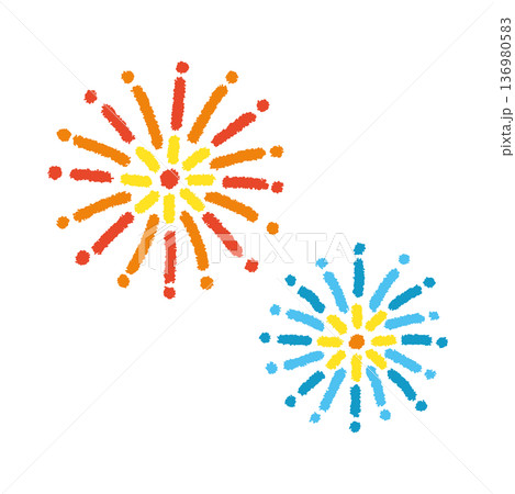 打ち上げ花火 イラスト 夏祭り 赤 青 手描き 花火セット 136980583