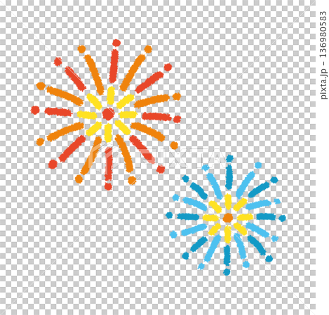 打ち上げ花火 イラスト 夏祭り 赤 青 手描き 花火セット 136980583