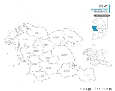 A map of Chungcheongnam-do that shows administrative districts with black lines on a white background A map of Chungcheongnam-do that shows administrative districts with black lines on a white background 136980640
