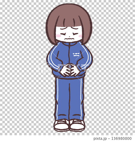 圖：一個身穿藍色運動衫的女孩摀著肚子 136980800