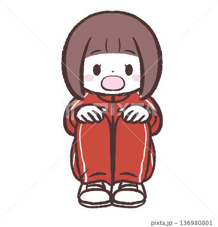 体育座りする赤ジャージの女の子が口を大きく開けるイラスト 136980801