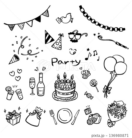 手描き風パーティモチーフセット モノクロ線画ベクター素材 136980871