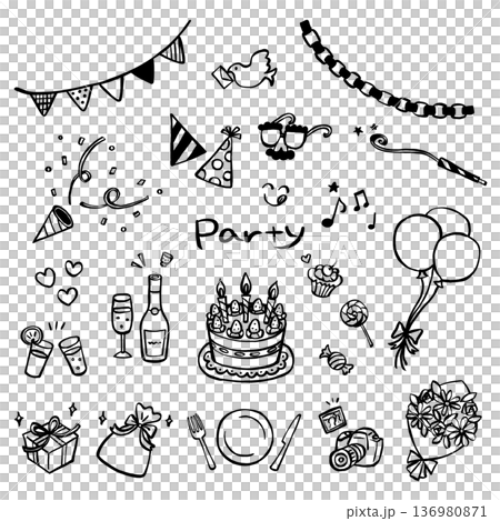 手描き風パーティモチーフセット モノクロ線画ベクター素材 136980871