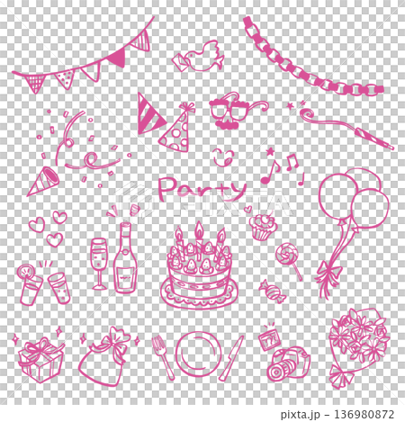 手描きパーティー線画セット　ピンク 136980872