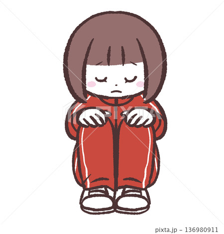 しょんぼり体育座りする赤ジャージの女の子のイラスト しょんぼり体育座りする赤ジャージの女の子のイラスト 136980911
