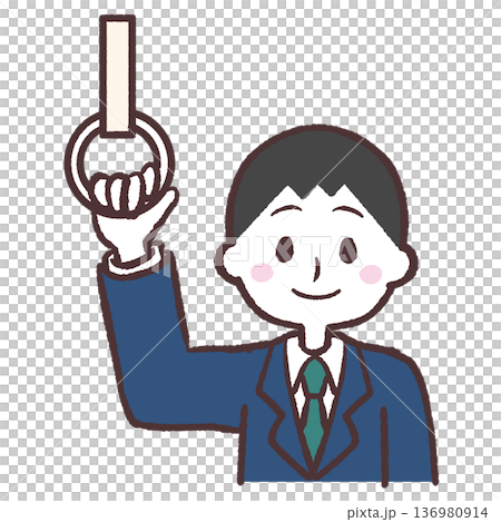 Illustration of a smiling man holding onto a strap 136980914