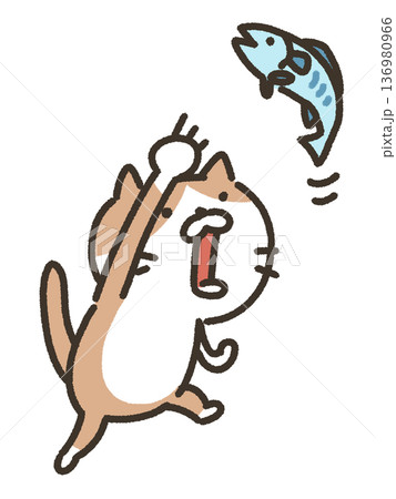 魚をとる猫のイラスト 136980966