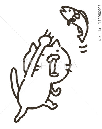 魚をとる猫の線画イラスト 魚をとる猫の線画イラスト 136980968