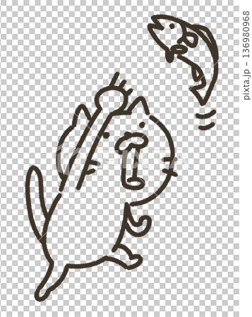 魚をとる猫の線画イラスト 魚をとる猫の線画イラスト 136980968