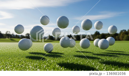 緑のゴルフ場の芝とジャンプするゴルフボール 緑のゴルフ場の芝とジャンプするゴルフボール 136981036