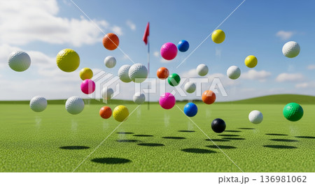 緑のゴルフ場の芝とジャンプするゴルフボール	 136981062