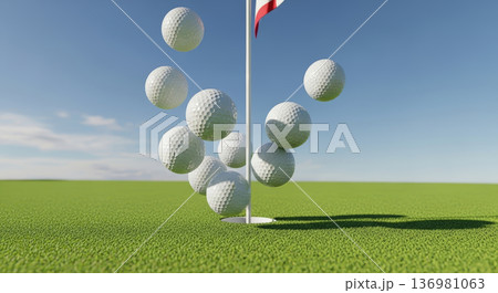緑のゴルフ場の芝とジャンプするゴルフボール	 136981063
