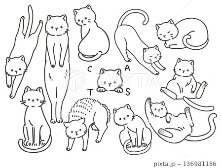 猫の可愛いポーズと表情の線画イラスト11種類セット：シンプル・手書き風素材 136981186