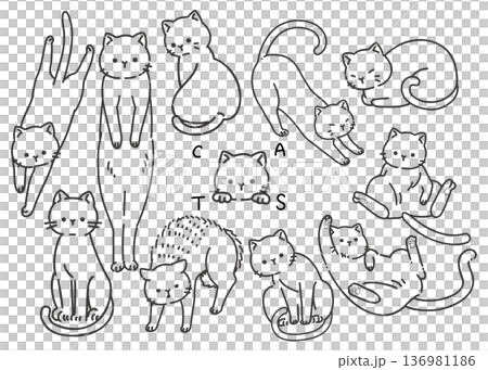 猫の可愛いポーズと表情の線画イラスト11種類セット：シンプル・手書き風素材 136981186
