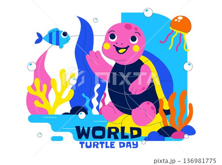 World Turtle Day Celebration Vector Illustration Featuring Sea Turtle and Ocean Elements for Environmental Awareness Campaign Background 136981775