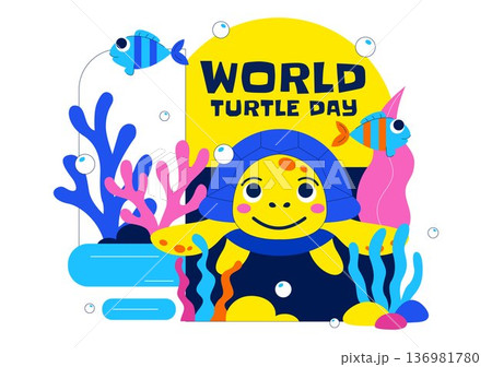 World Turtle Day Celebration Vector Illustration Featuring Sea Turtle and Ocean Elements for Environmental Awareness Campaign Background 136981780